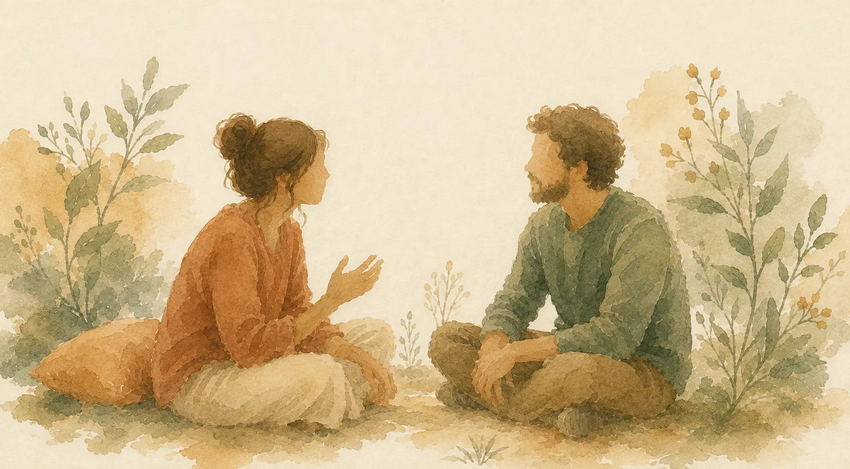 Dos personas conversan con atención y escucha en un entorno natural